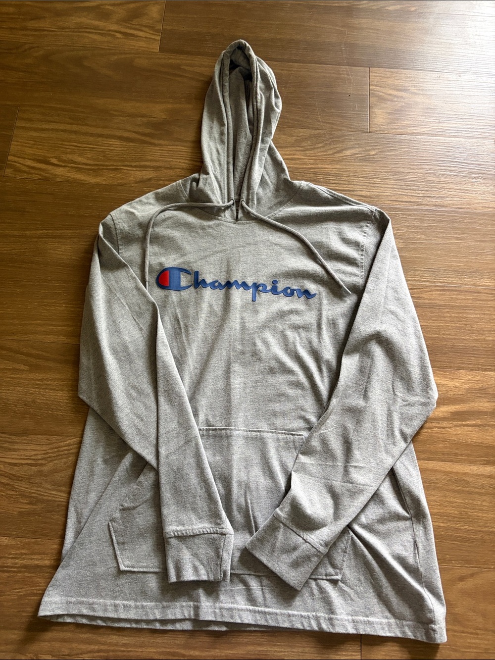 Champion Light Gray Hoodie with Blue Script and Red Emblem
